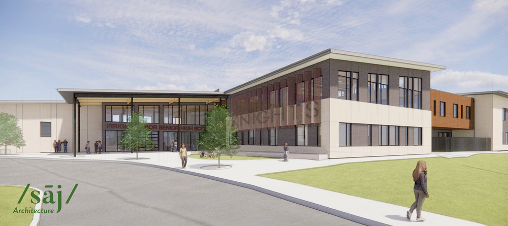 An architectural rendering shows the main entrance of the new Irrigon Junior/Senior High School. 