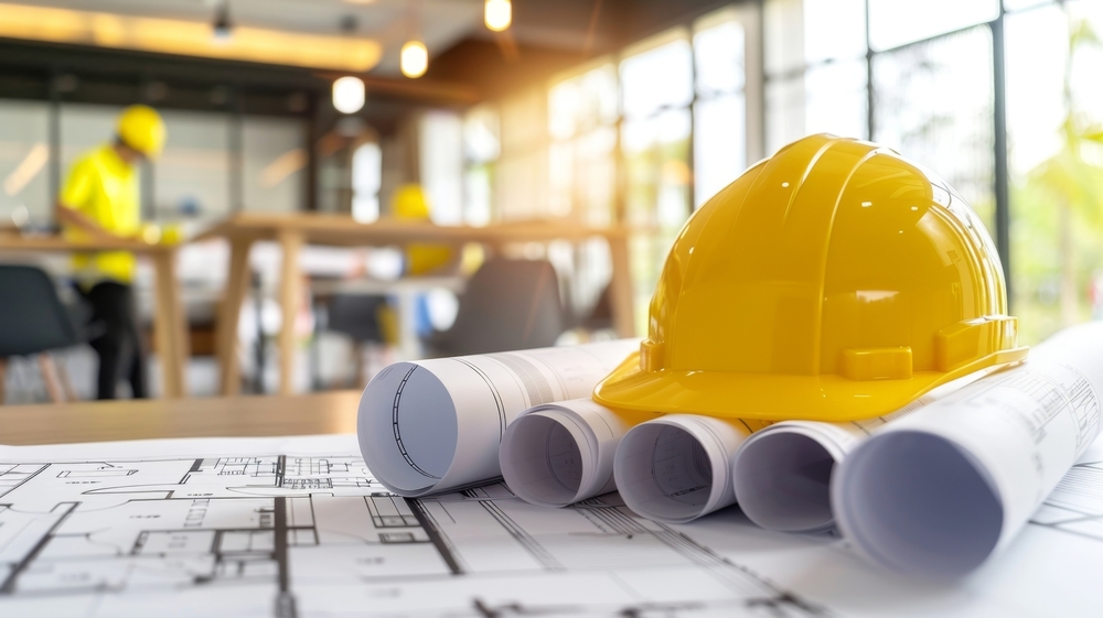 Construction plans on a table