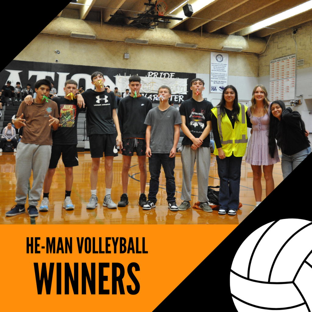 Image of students in a gym with graphics added. Bright orange triangles, and a Black square. On the black square is white text that says "he-man volleyball winners"