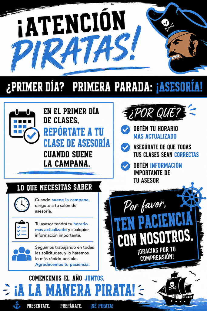 Folleto que indica que los estudiantes deben acudir a su asesoría cuando suene el timbre y que allí recibirán su horario más actualizado el primer día de clases.