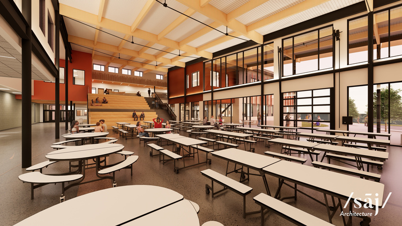 An architectural rendering shows the main commons of the new Irrigon Junior/Senior High School.