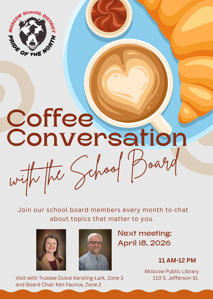 Flyer for this month's coffee chat showing Trustee Dulce Kersting Lark and Board Chair Ken Faunce 