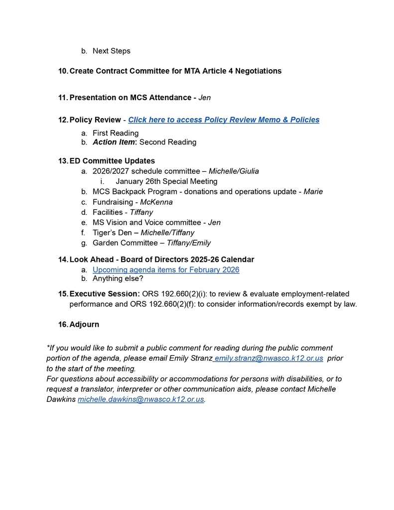 MCS Board of Directors meeting January 2026