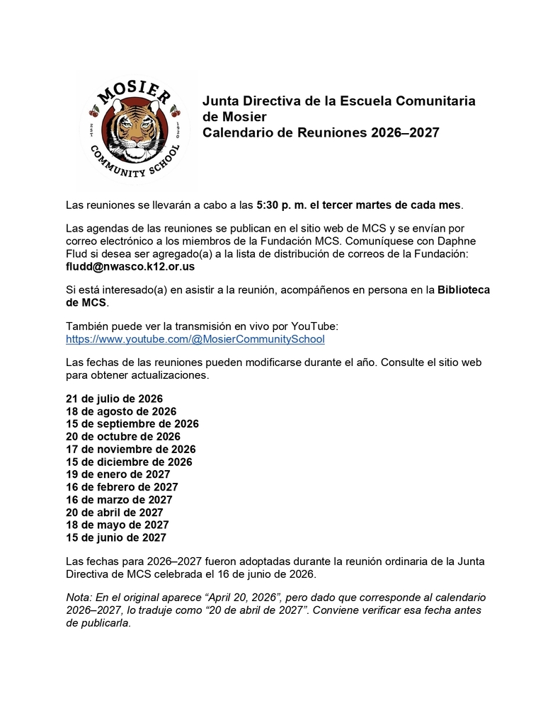 MCS Board of Directors Meeting dates 2026-2027 page 2