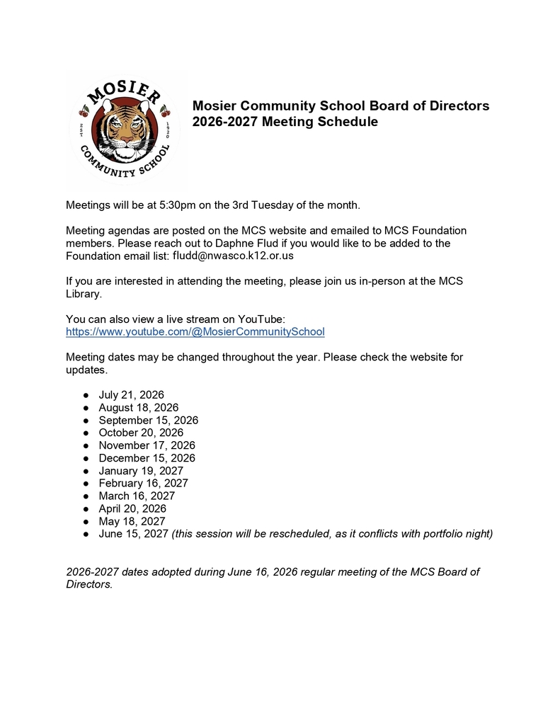 MCS Board of Directors Meeting dates 2026-2027