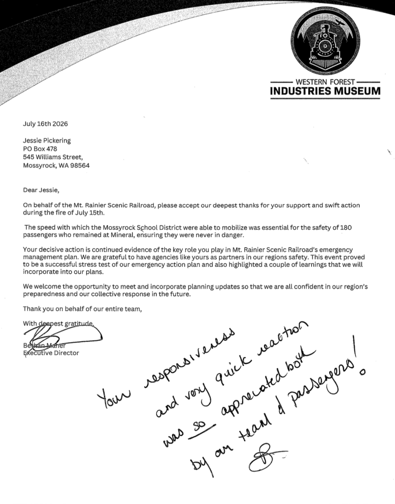 Letter of appreciation from Mt. Rainier Scenic Railroad's emergency management team