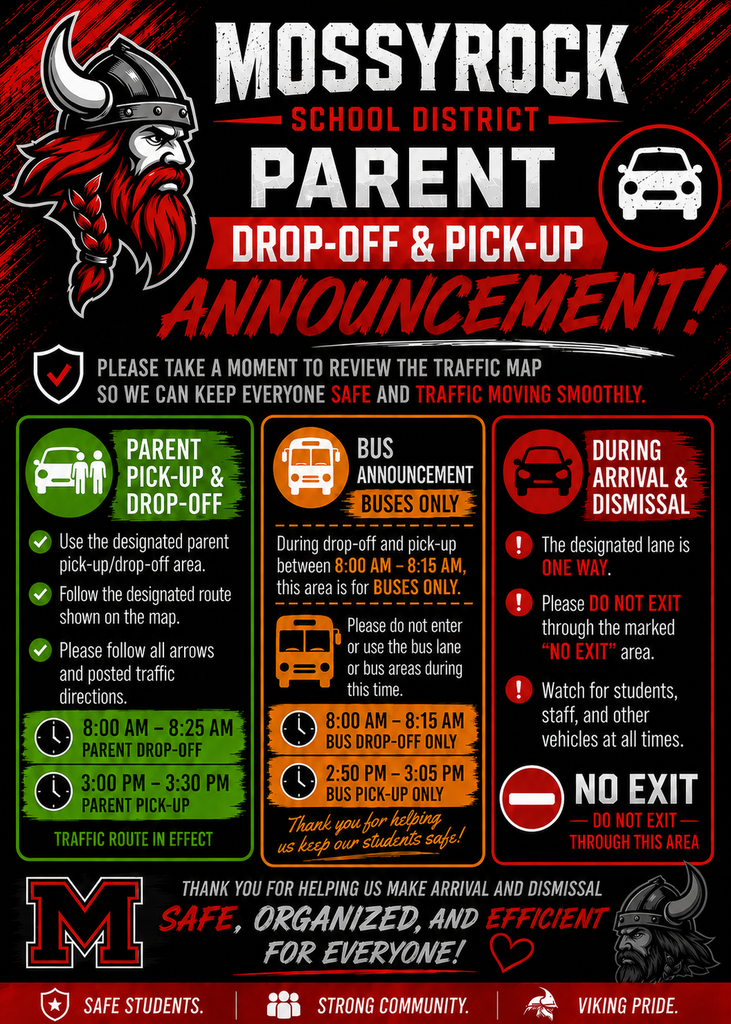 π¦ NEW TRAFFIC SAFETY PLAN π¦ Please review our updated traffic flow, drop-off, pick-up, and parking procedures designed to keep our students, families, and staff safe. Your cooperation helps keep our school traffic moving safely!