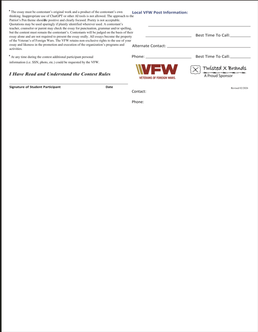 🇺🇸 **VFW ESSAY WRITING CONTEST** 🇺🇸  Calling all student writers! 📝✨ Share your voice, honor our veterans, and showcase your writing skills!  📚 **See the flyer for contest details and how to enter!**  #VFW #EssayContest #StudentWriters #HonorOurVeterans