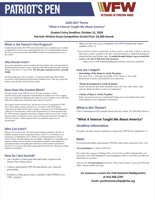 🇺🇸 **VFW ESSAY WRITING CONTEST** 🇺🇸  Calling all student writers! 📝✨ Share your voice, honor our veterans, and showcase your writing skills!  📚 **See the flyer for contest details and how to enter!**  #VFW #EssayContest #StudentWriters #HonorOurVeterans