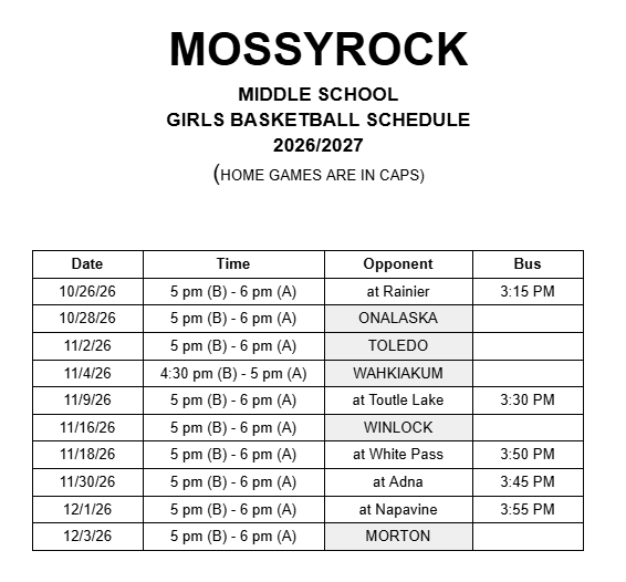 Mossyrock - Middle School Girls Basketball Schedule - 2026