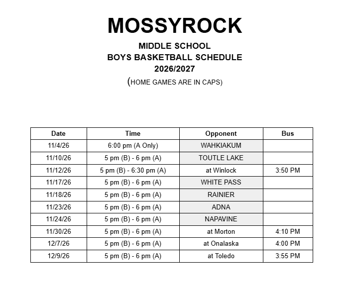 Mossyrock - Middle School Boys Basketball Schedule - 2026