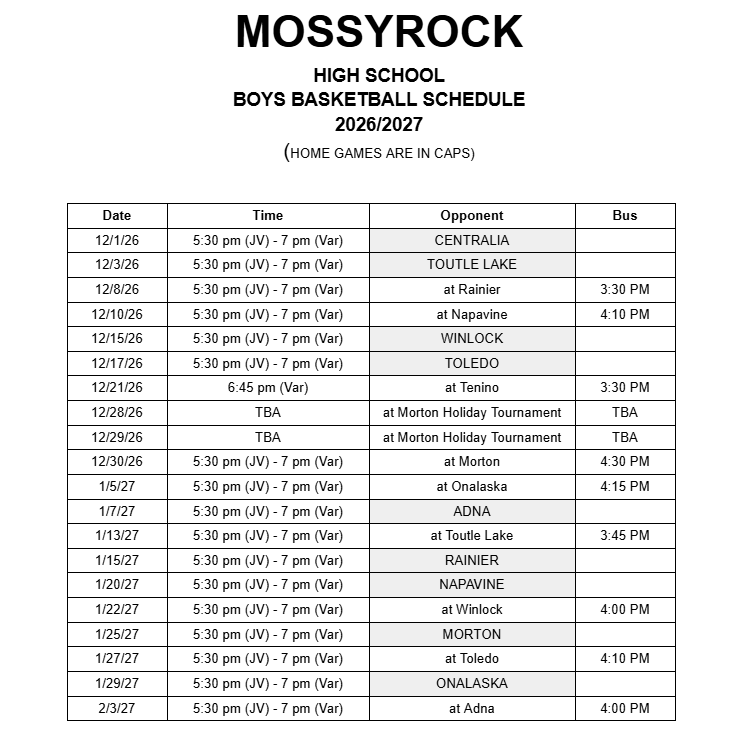 Mossyrock - High School Boys Basketball Schedule - 2026/2027