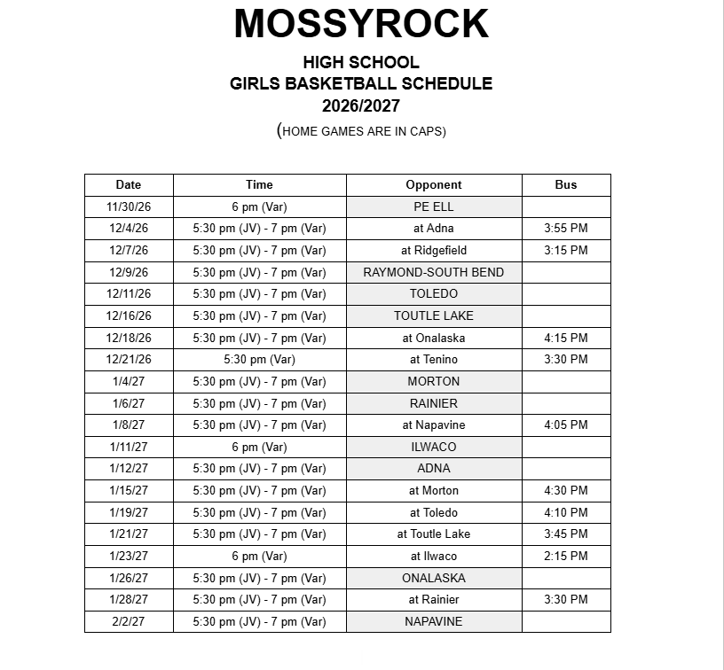 Mossyrock - High School Girls Basketball Schedule - 2026/2027
