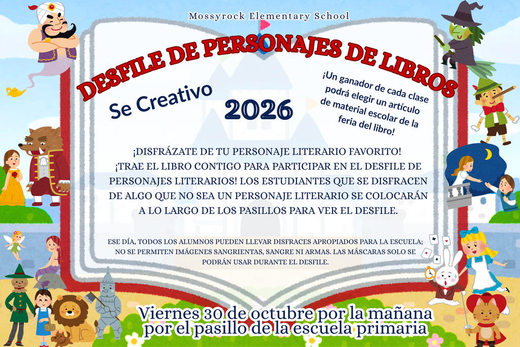 Book Character Parade flyer in Spanish giving the details that the book character parade will take place on Friday Oct 30th in the morning in the elementary building.