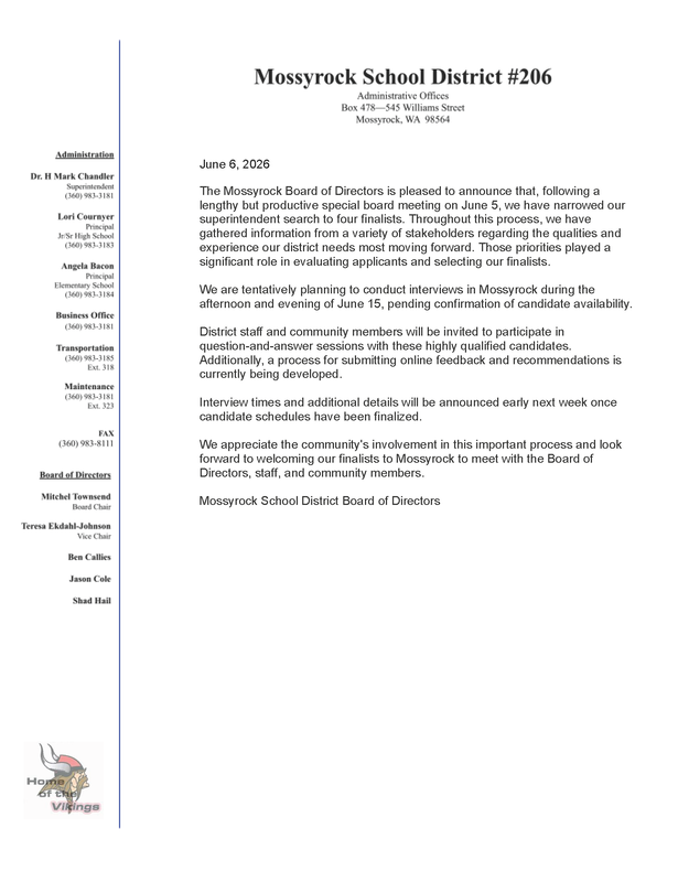 Board Of Directors  Announce Update on Superintendent Search
