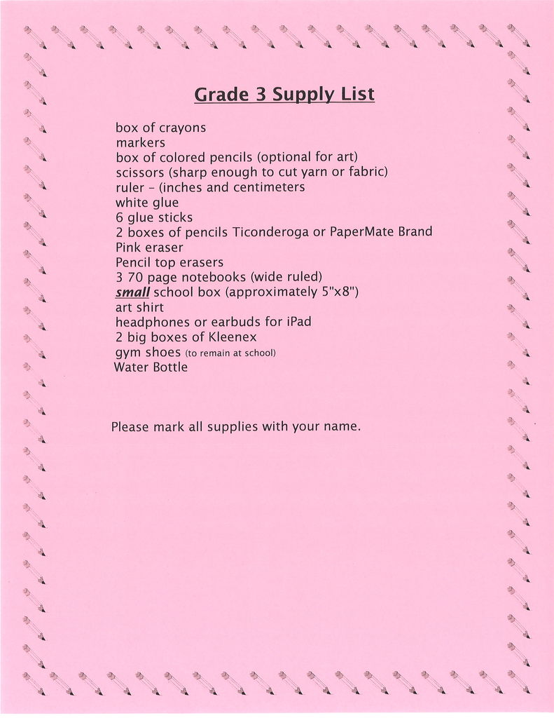 3rd Grade Supply List
