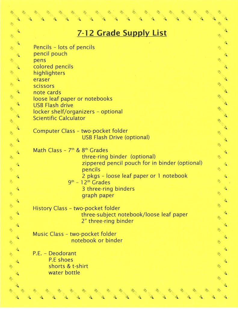 7-12 Supply List
