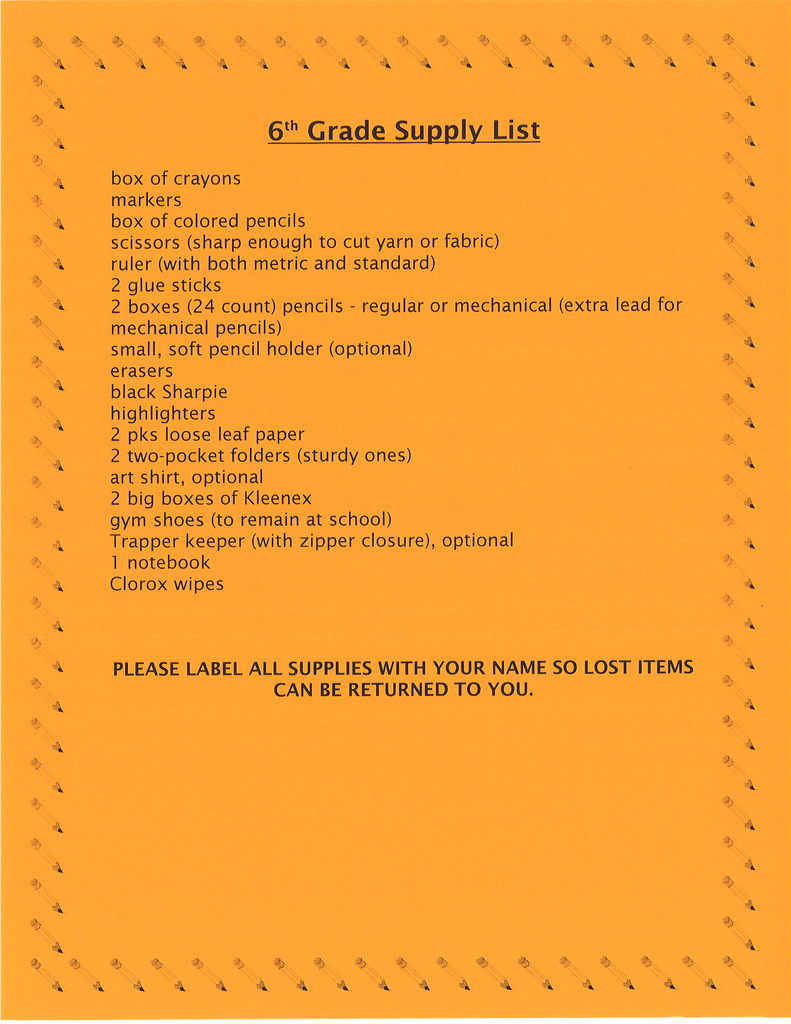 6th Grade Supply List