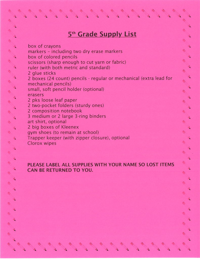 5th Grade Supply List