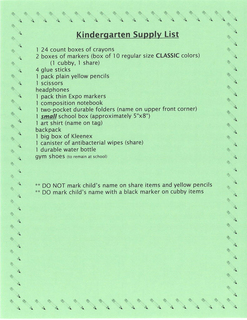 Kindergarten Supply List
