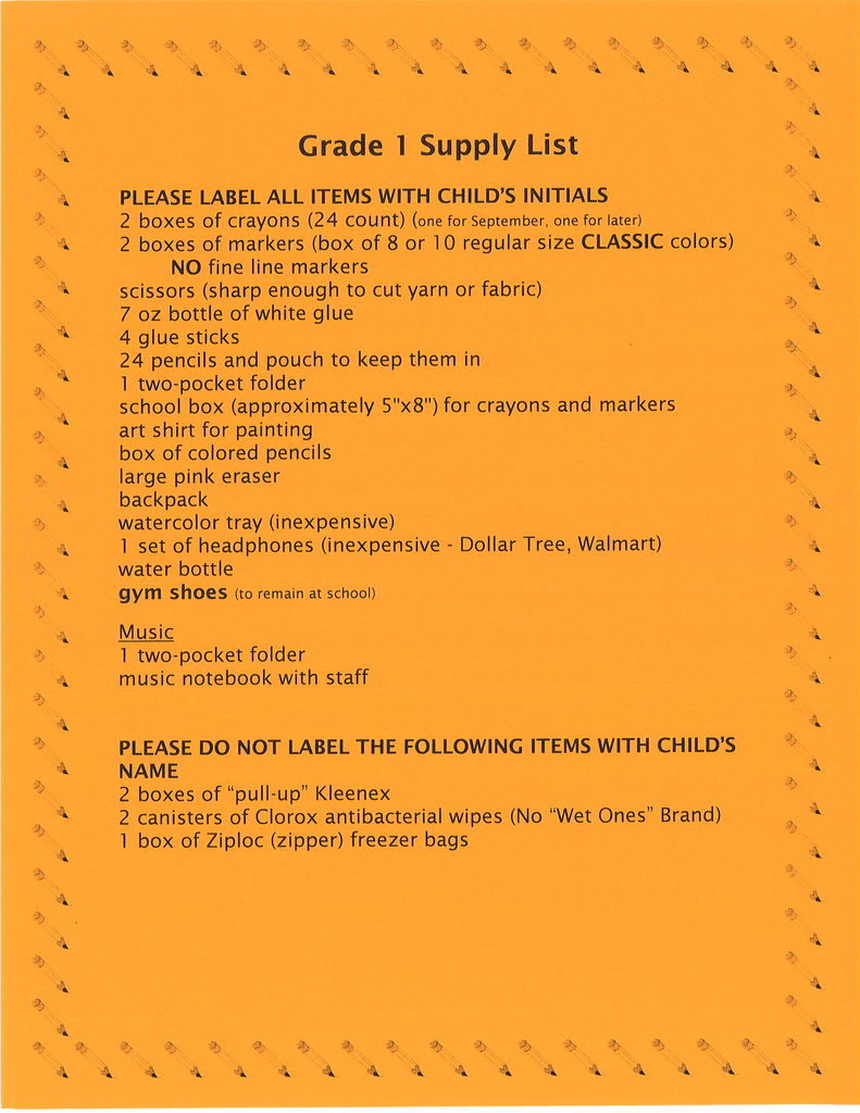 1st Grade Supply List