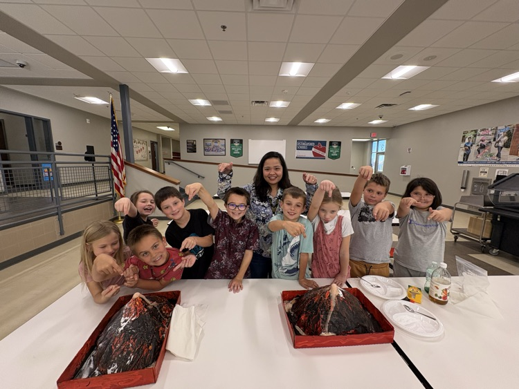 Mrs. Sison’s third-grade class created paper mache volcano art pieces and used them in a volcanic eruption experiment.