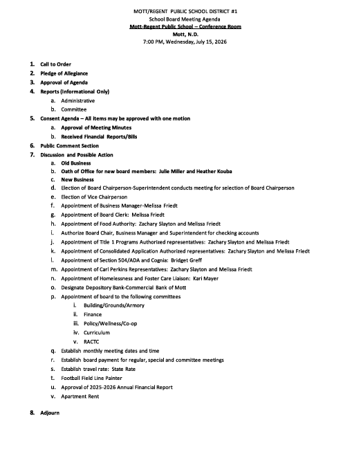 School Board Meeting Agenda July 15 2026