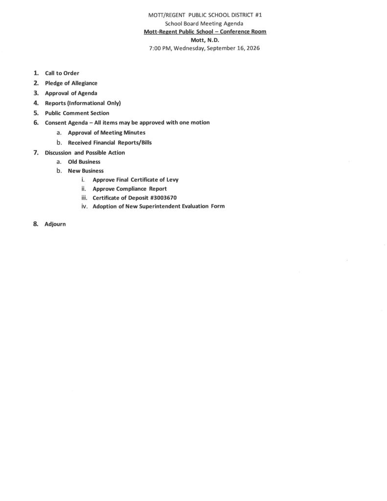 School Board Meeting Agenda 9-16-2026