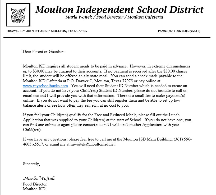 Food Service Letter 10-6-25