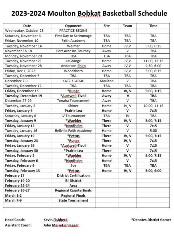 Katz Basketball Schedule 202324 Moulton High School