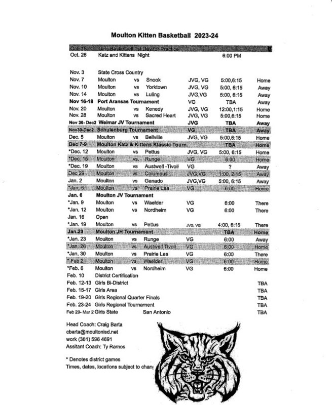 Kittens Basketball Schedule 202324 Moulton High School