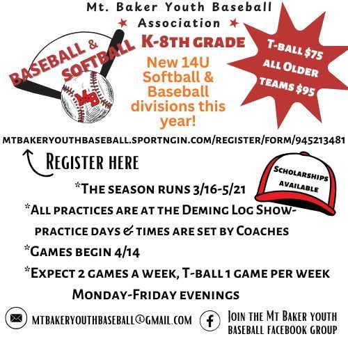 MBYAA K-8th Grade Baseball & Softball Season runs 3/16-5/21 All practices take place at the Deming Log Show Grounds Monday - Friday Evenings Practices & Times are set up by the coaches Games Begin 4/14 Expect 2 Games per Week, T-Ball 1 Game per Week https://mtbakeryouthbaseball.sportngin.com/ mtbakeryouthbaseball@gmail.com https://www.facebook.com/share/1CkR6GrYzm/?mibextid=wwXIfr