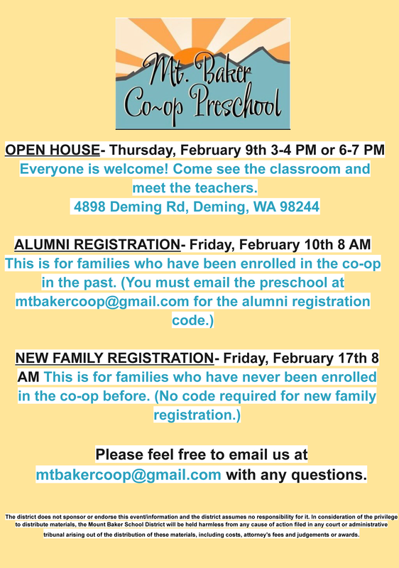 Mt. Baker Co-Op Open House and Registration Flyer for 2023-24 School Year