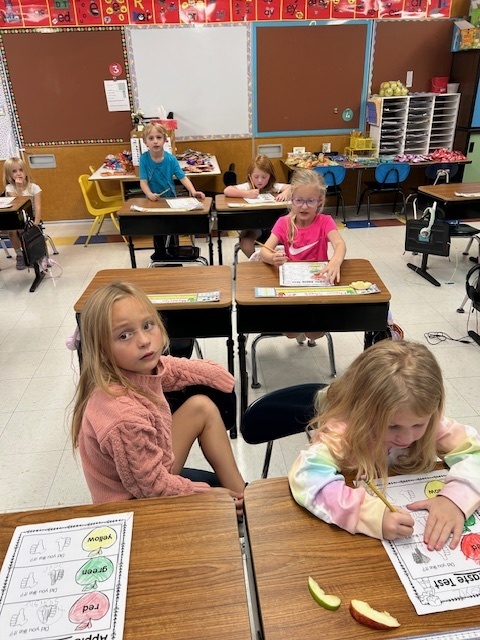 Mrs. Komor's class tasting apples.