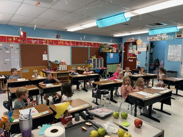 Mrs. Komor's class tasting apples.