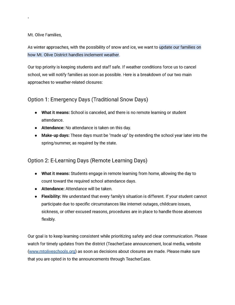 Emergency School Days Plan