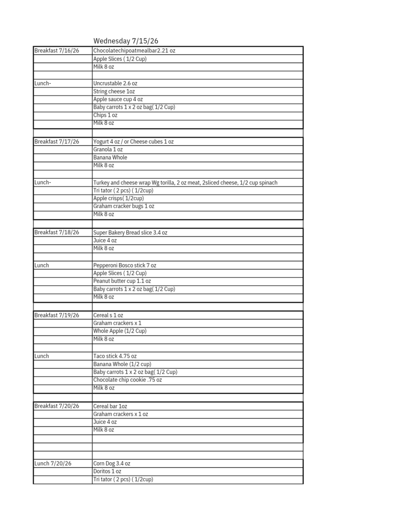 Summer Menu 7/15