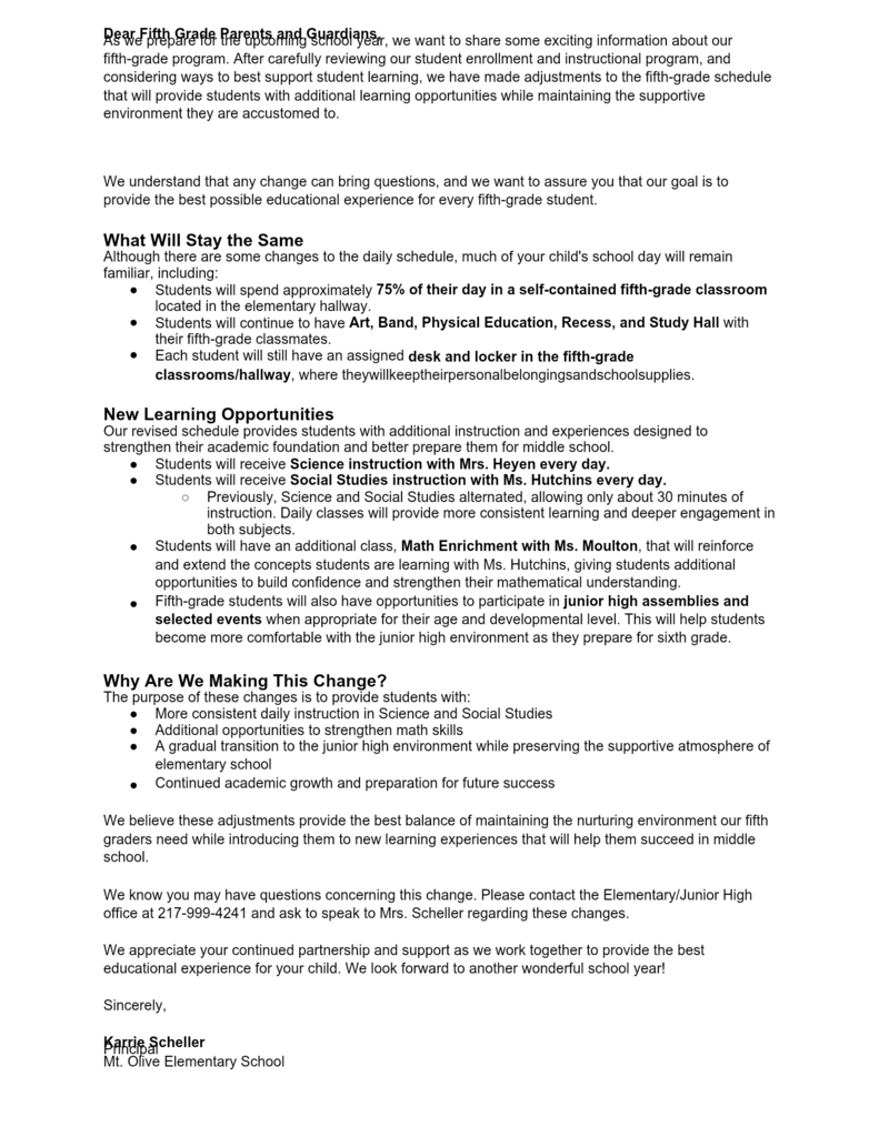 2026-2027 5th grade Letter