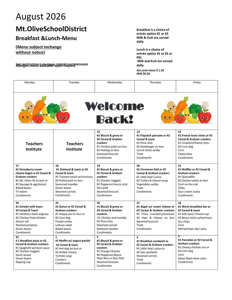 August 2026 Menu