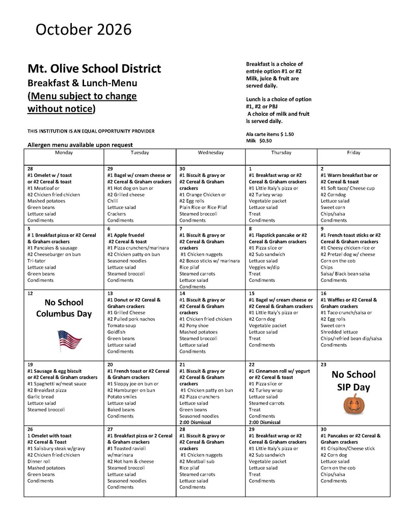 October 2026 Menu