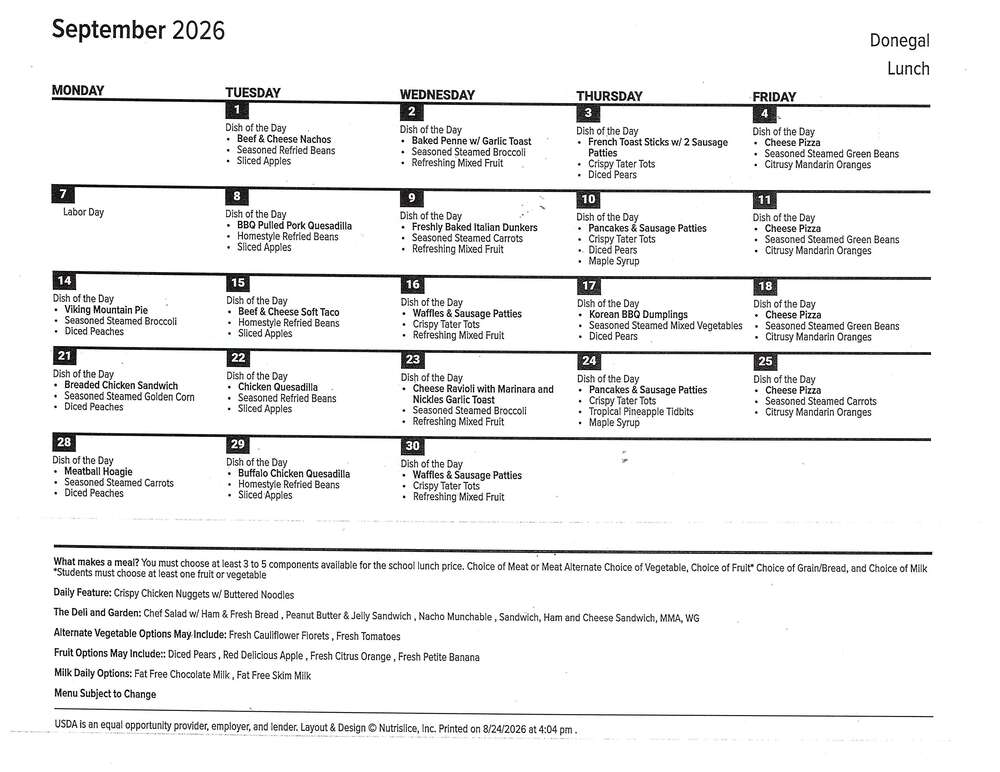 September Lunch Menu