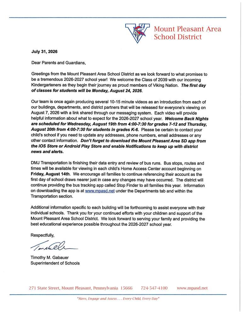 Welcome Back Letter