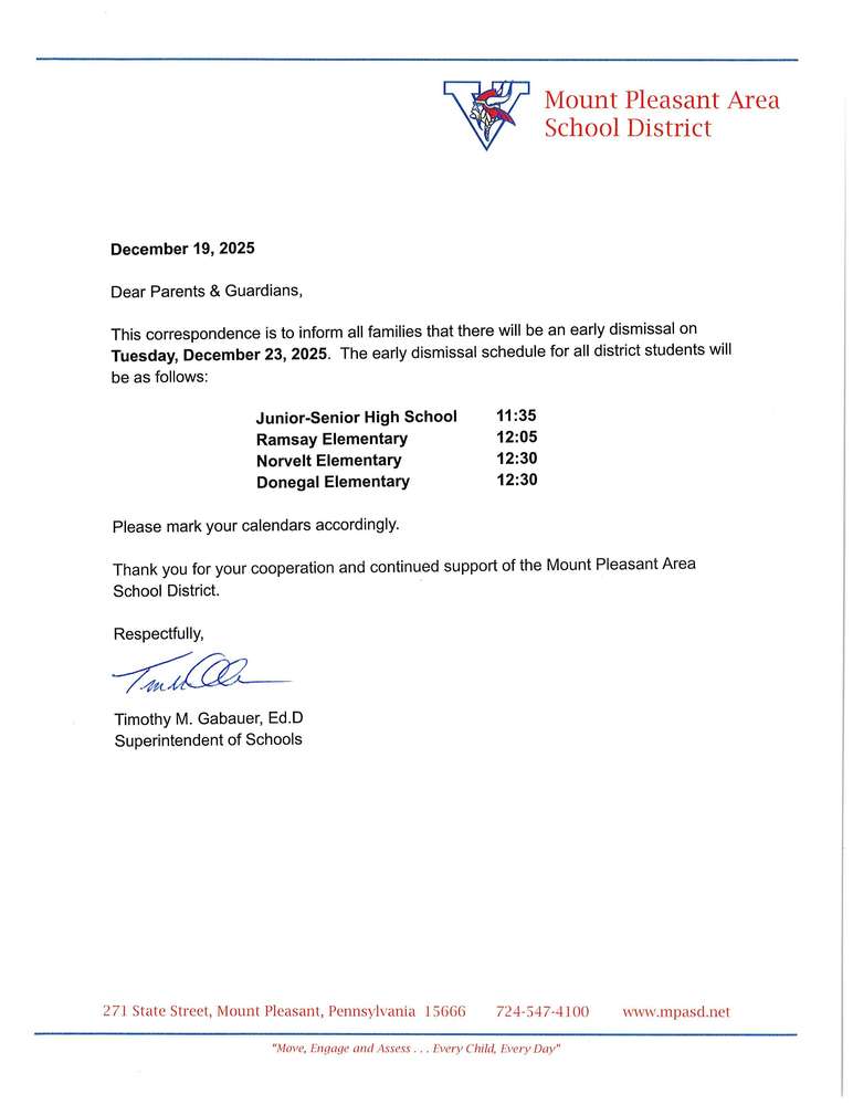 Early Student Dismissal - Tuesday December 23, 2025