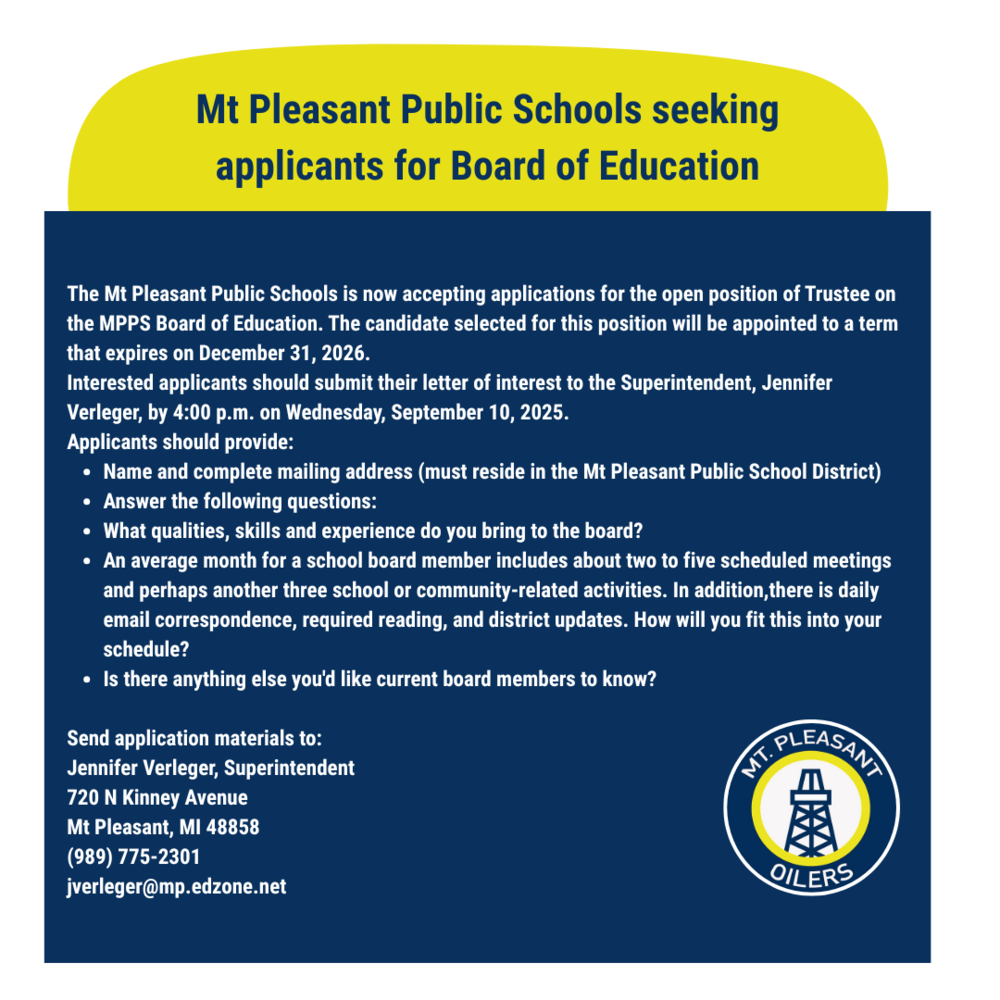 Mt Pleasant Public Schools Board of Education Opening