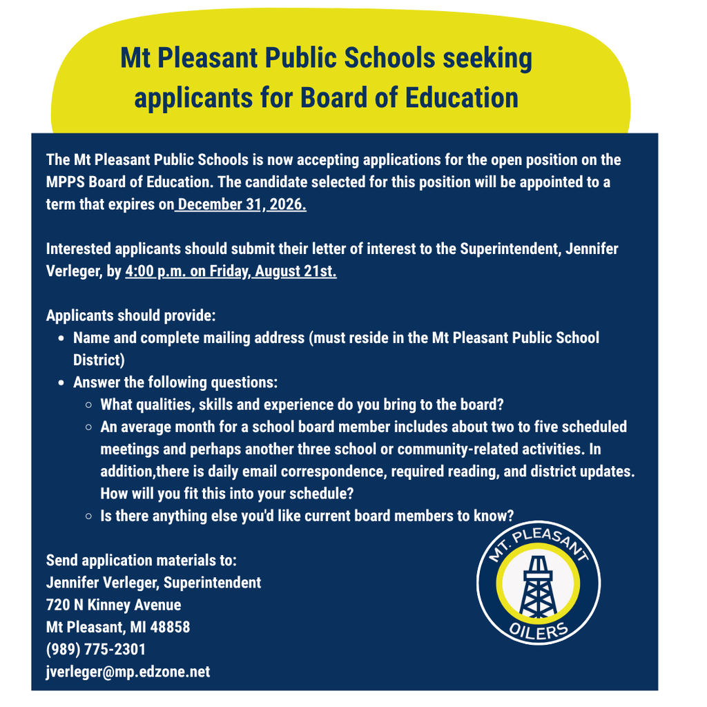 Mt Pleasant Public Schools seeking applicants for a seat on the Board of Education