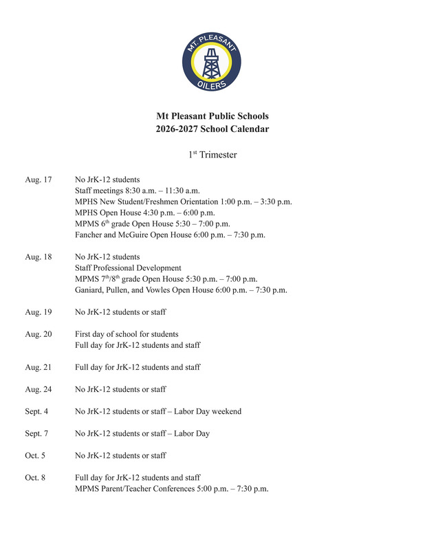 MPPS 2026-2027 School Calendar