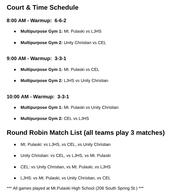 VB Tournament Schedule
