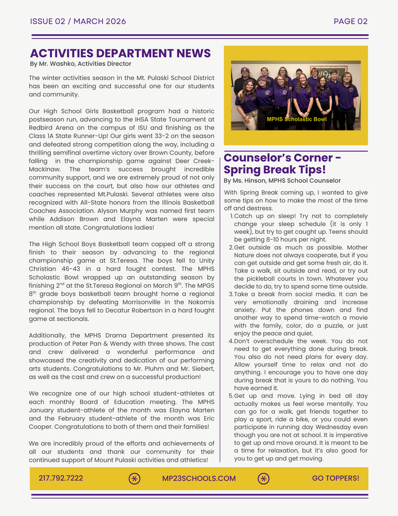 Page 2 of the MPCUSD23 Newsletter from March of 2026