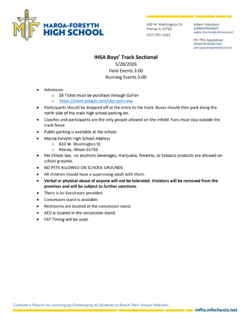 Boys sectionals information