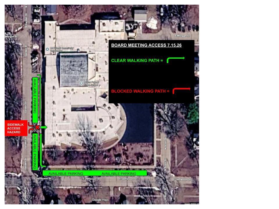 map of area around MPGS indicating the available parking areas along Jefferson and Garden Streets